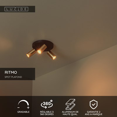Lucide RITMO - Spot plafond - Ø 18 cm - 3xGU10 (MR11) - Or Mat / Laiton